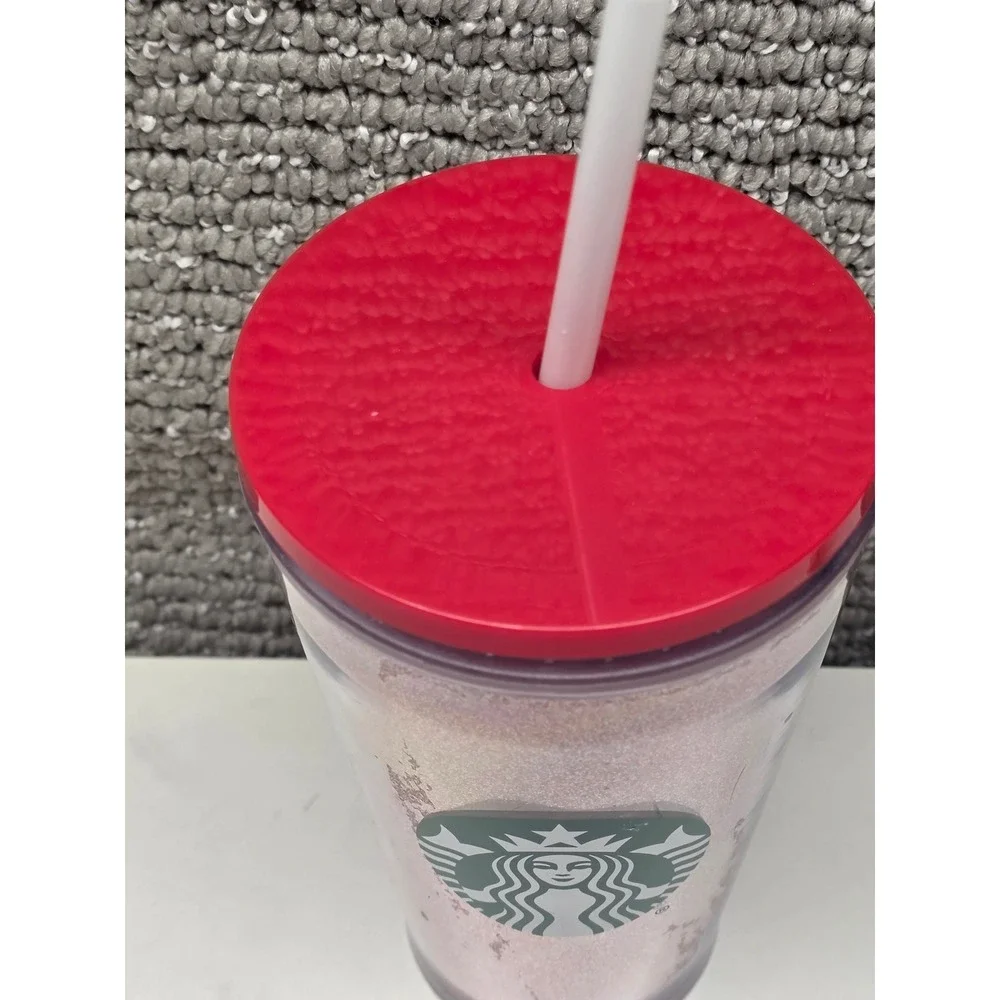 Starbucks 2014 Pink Glitter Cold Cup‎ Tumbler 16oz Grande Red Lid and Straw